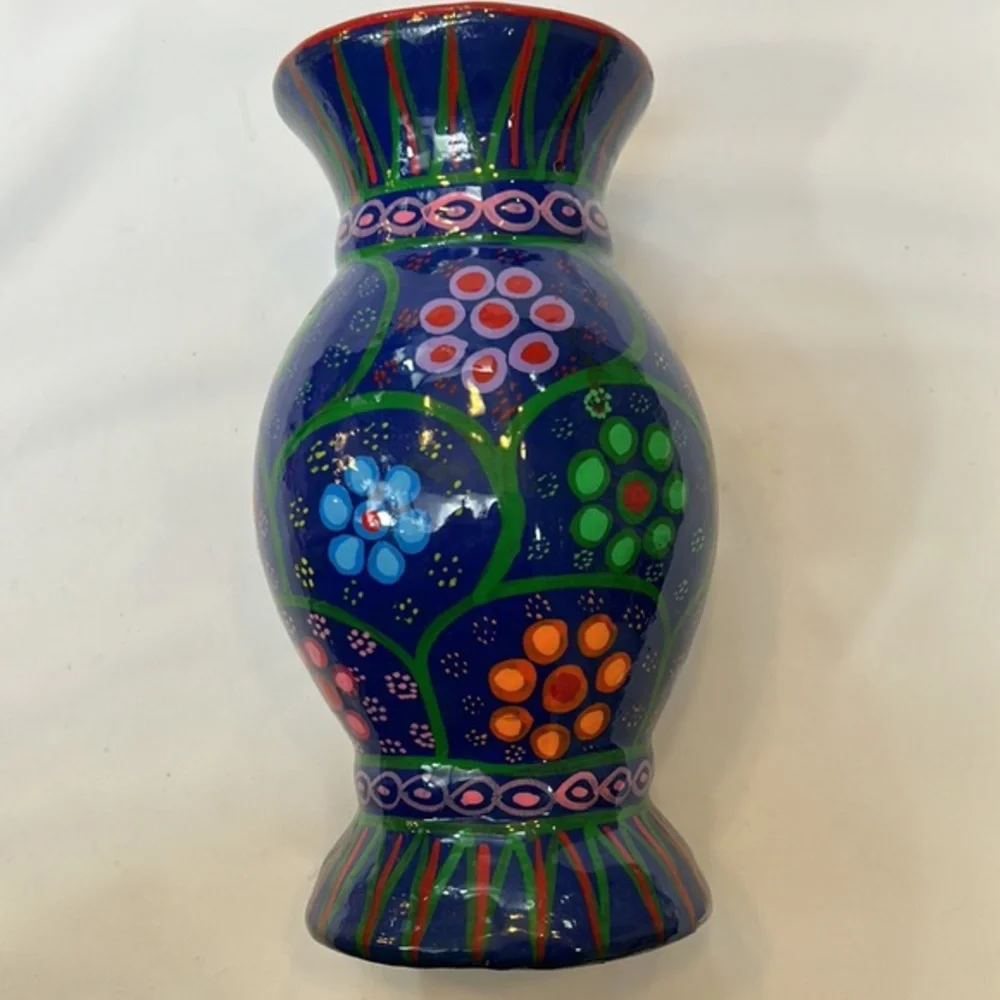 Vintage Mexican Folk Art Painted Terracotta Vase